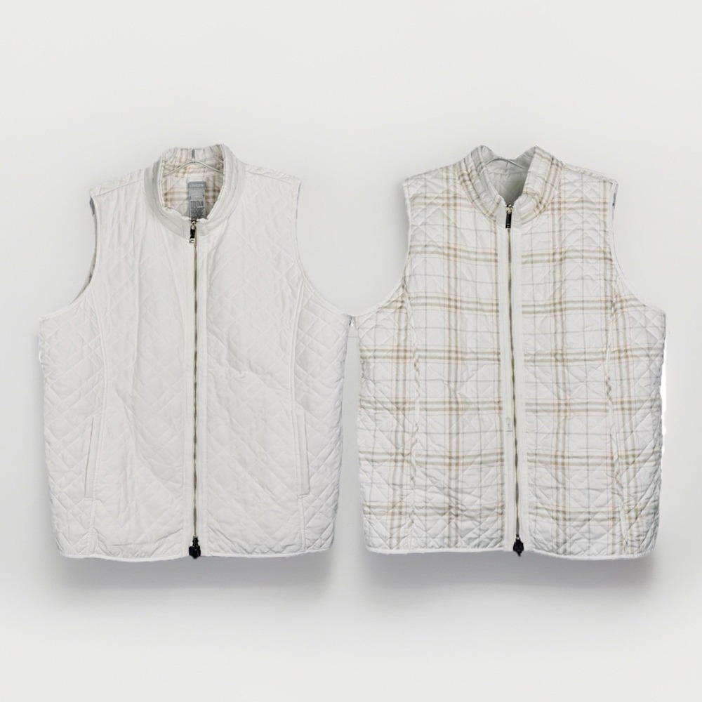 NWOT Chico's Quilted White Beige Reversible Plaid Zip Vest Womens XL/3 Pockets